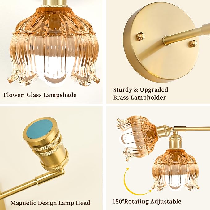 Vintage Battery Wall Sconce with Flower lampshade,Rechargeable Battery Powered Wall Lights,Wall lamp with 15 Colors for Bedroom Living Room Home Decor (Flower Amber, 2 Light Battery Operated)