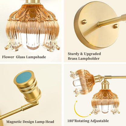 Vintage Battery Wall Sconce with Flower lampshade,Rechargeable Battery Powered Wall Lights,Wall lamp with 15 Colors for Bedroom Living Room Home Decor (Flower Amber, 2 Light Battery Operated)