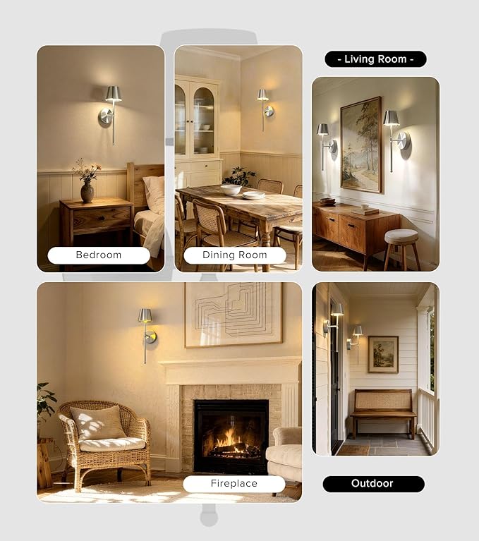 UME Wireless Sconces Set of 2 with Remote, 5200mAh Battery Powered Sconces - Small Rechargeable Sconces w/ 3 Color Temps & 5 Brightness Levels for Bedroom, Living Room, Wall Painting, Cafe (Silver)