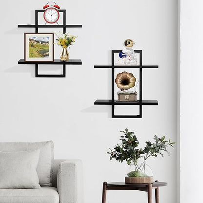 PHOENANCEE Floating Shelves for Wall,Display Hanging Shelf Set of 2,Modern Decorative Plants Shelves,Wood Home Decor Storage Chic for Living Room Bedroom Bathroom Office,Oak Frame,2-Tier Black