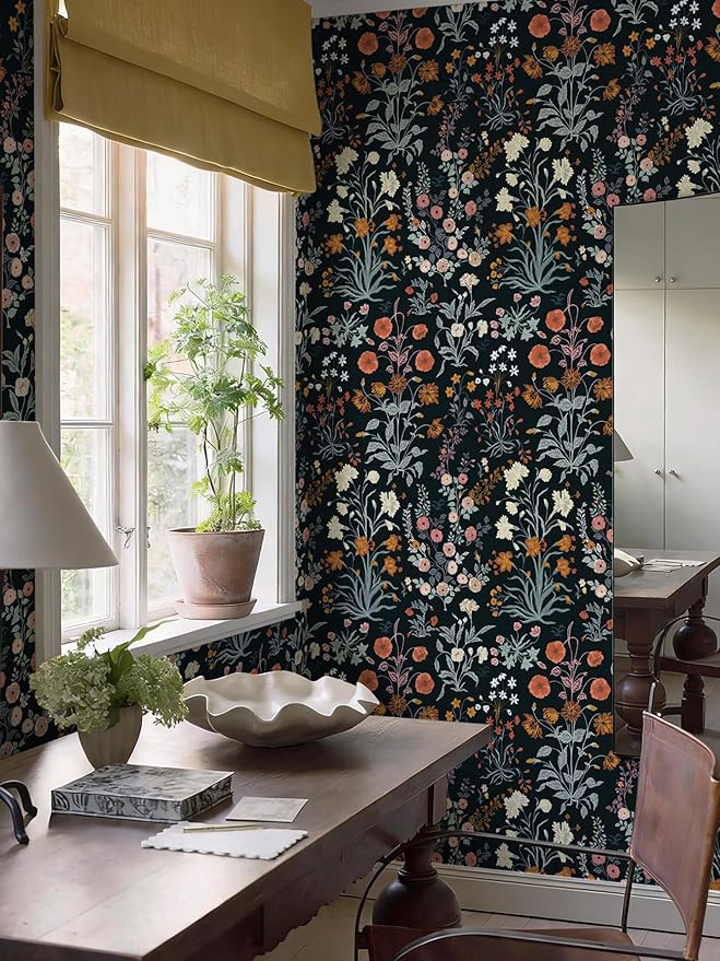 Floral Peel and Stick Wallpaper Vintage Wallpaper Dark Blue Wall Paper Wildflower Contact Paper for Cabinets Vinyl Renter Friendly Waterproof Self-Adhesive Bathroom Kitchen Bedroom 393