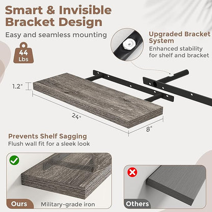 24 Inch Floating Shelves for Wall Set of 2, 8"D Wood Grain Bathroom Shelves with Invisible Brackets, Easy Install Engineered Wood Storage Shelves for Kitchen, Living Room, Bedroom, Grey Oak Finish