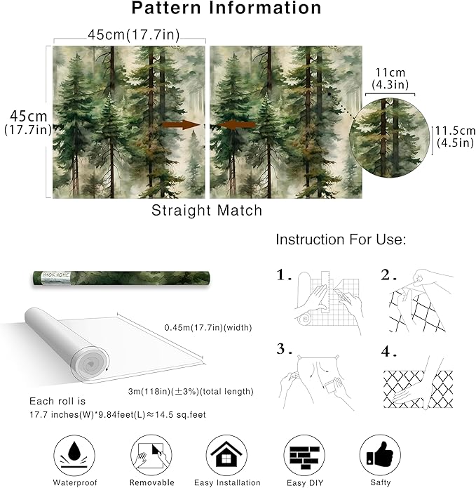 HAOKHOME Forest Peel and Stick Wallpaper Tree Wall Paper Wood Removable for Bedroom Green Contact Paper 17.7in x 9.8ft