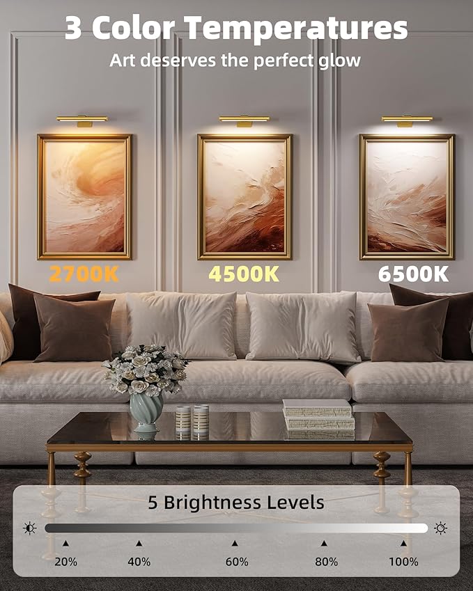 EZVALO Picture Light for Wall, Rechargeable 2400mAh Battery Lights Wireless Remote, 3 Color & Dimmable Magnetic 7.87'' LED Lights Display for Painting, Living Room, Gallery, Bedroom(Gold-2P)