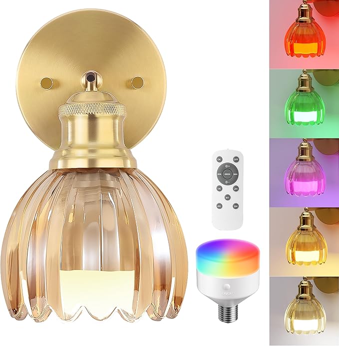 VOLISUN Vintage Battery Operated Wall Sconce,with Amber Tulip Glass Lampshade, Wireless Wall Sconce, Rechargeable Battery Powered Wall Light, Sconce Wall Decor for Bedroom Living Room