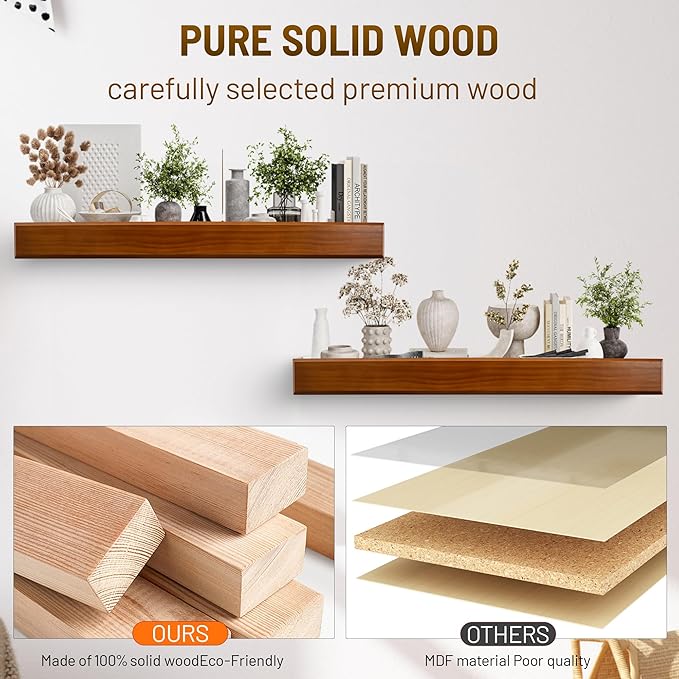 32 Inch Picture Ledge Shelf with Lip,Floating Shelves for Wall, Set of 2 Solid Pine Wood Shelves with Invisible Brackets, Wall Storage for Living Room, Bedroom, Kitchen, Bathroom(Dark Brown)