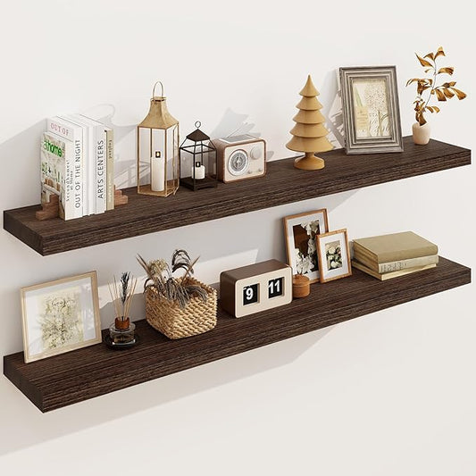 Solid Wood Floating Shelves for Wall 48"W x 8"D x 1.56"H Set of 2, Deep Wall Shelves for Living Room Bedroom Bathroom Kitchen Decor Storage with Invisible Heavy-Duty Metal Bracket, Rustic Brown