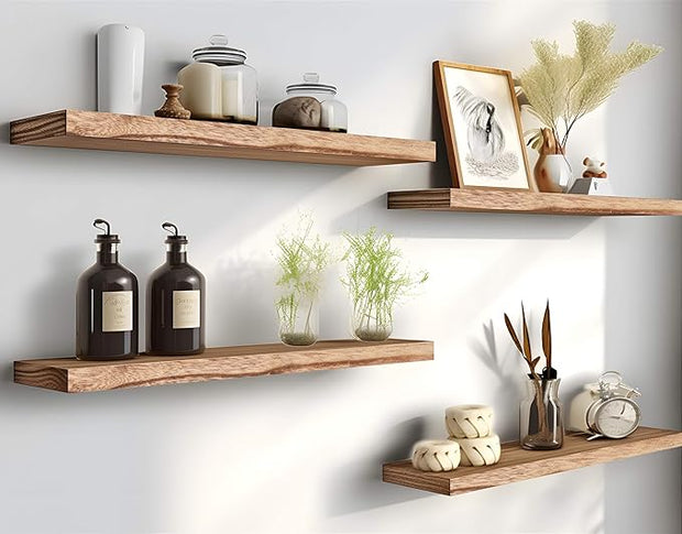 PHPH 24 Inch Wood Floating Shelves for Wall, Wooden Wall Shelves for Bedroom, Set of 4 Light Brown
