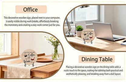 Coffee And Wine Desk Decor Sign, Rustic Funny Wooden Box Plaque, A Good Day Starts With Coffee And Ends With Wine Wood Sign, Decor For Home Kitchen Tabletop, Wooden Round With Stand-06