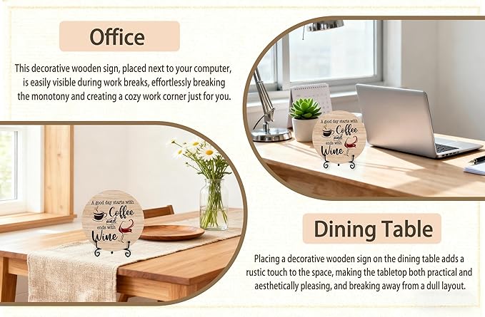 Coffee And Wine Desk Decor Sign, Rustic Funny Wooden Box Plaque, A Good Day Starts With Coffee And Ends With Wine Wood Sign, Decor For Home Kitchen Tabletop, Wooden Round With Stand-06