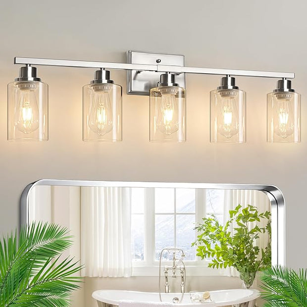 Ascher Bathroom Light Fixtures, 5-Light Vanity Lights with Clear Glass Shade, Modern Brushed Nickel Wall Light for Mirror Bedroom Hallway Cabinet Porch