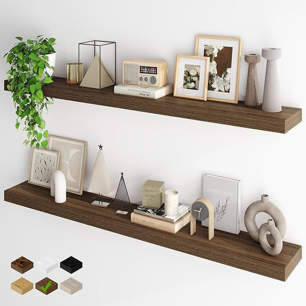 Fun Memories 55 Inch Fireplace Mantel - Long Floating Shelf, Wall Mounted Farmhouse Display with Invisible Heavy Duty Metal Bracket, 2 Pack, Walnut