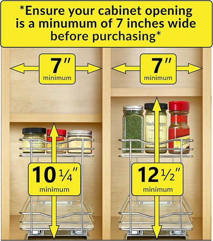 LYNK PROFESSIONAL® Élite™ Pull Out Spice Rack Organizer for Inside Kitchen Cabinets - 6-3/8 inch Wide - Slide Out Drawer – Wood/Chrome Sliding Spice Organization for cabinet - Spice Racks - 2 Tier