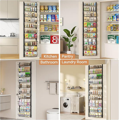MIAOLI Over the Door Pantry Organizer, 10-Tier Adjustable Spice Rack Cabinet Door Shelves, Hanging Seasoning Organizer for Kitchen Bathroom, Laundry Room Organization, Black