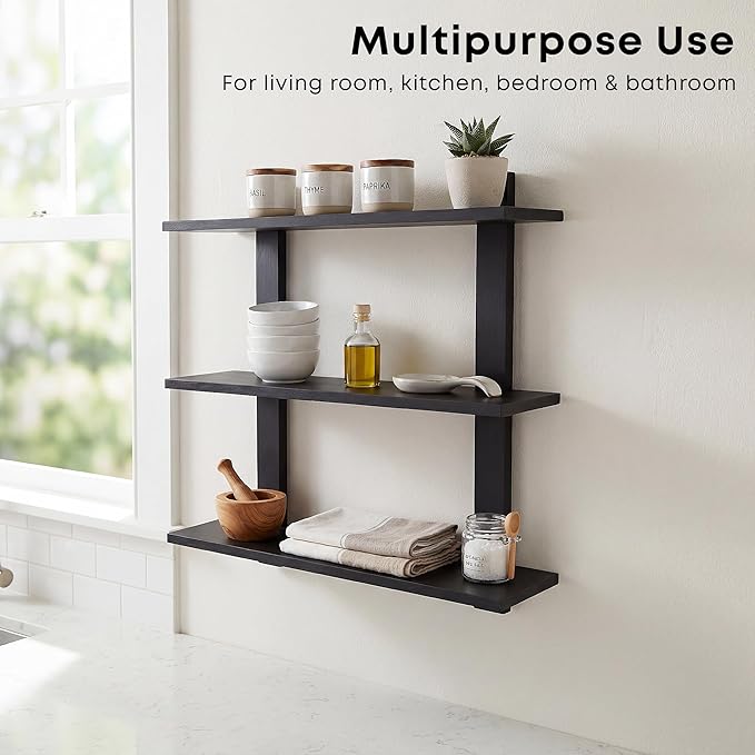 PHOENANCEE 3 Tier Floating Shelves,Long Wall Shelf,Over The Toilet Shelves Bathroom Hanging Display Storage Rustic for Living Room Bedroom Kitchen Office Coffee Bar Decor Decorative,24 Inch
