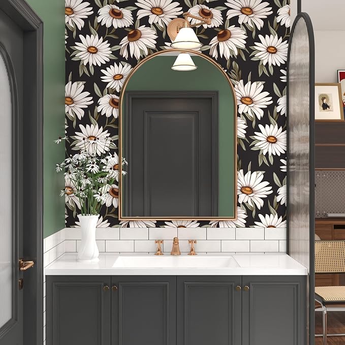 Daisy Floral Wallpaper Peel and Stick Boho Wallpaper for Countertop 17.5in x 393in Vintage Contact Paper Vinyl Waterproof Self-Adhesive Dark Black Modern Wall Paper for Bedroom Walls Drawer Bathroom