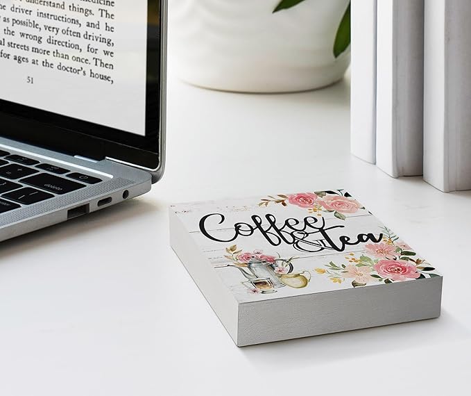 Coffee and Tea Pink Floral Wood Box Sign Desk Decor,Rustic Wooden Block Sign Decorations for Home Kitchen Office Coffee and Tea Bar Wall Tabletop Shelf Decor