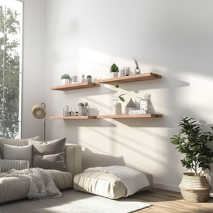 Light Wood Floating Shelves for Wall Rustic Wall Shelf for Bedroom Living Room Set of 6