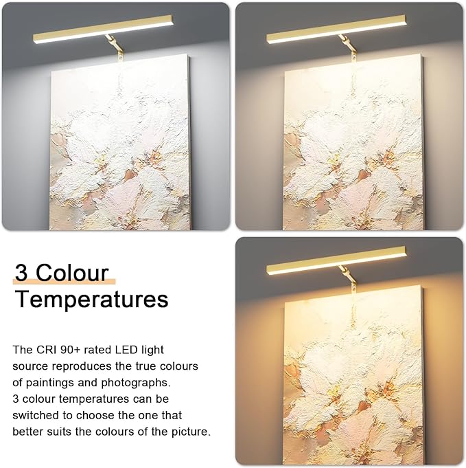 Plug in Picture Lights for Wall, 16 inch Dimmable LED Art Light with Remote, 3 Colour Temperature Gallery Painting Wall Light for Picture Display Dartboard Art Work (Gold)