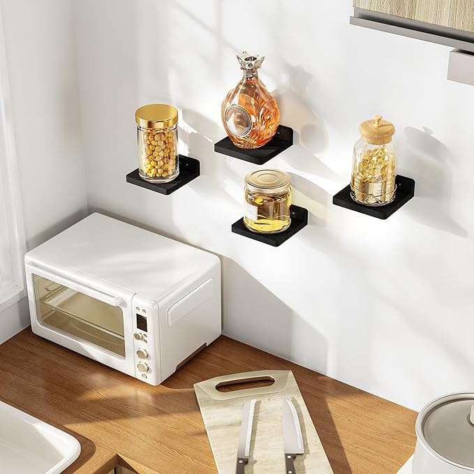 SRIWATANA Small Floating Shelves Wall Mounted, Wood Shelf for Decoration and Storage Set of 4, Mini Display Shelf for Bedroom, Bathroom, Kitchen, Office (Black, 5 inch)