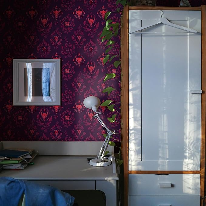 FLFK Gothic Peel and Stick Wallpaper - 16" x 128" Dark Red & Deep Purple Vintage Botanical Wall Paper for Living Room, Bedroom, Kitchen, Office, Apartment Decor