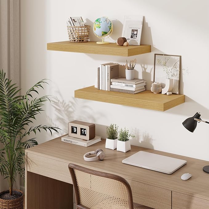 Fun Memories 12 Inch Deep Floating Shelves for Wall, 30 Inch Long Floating Shelf, 30 x 12 Shelf for Wall, Rustic Wood Bookshelves, Hanging Shelves for Bathroom Kitchen Bedroom, Oak, Set of 2