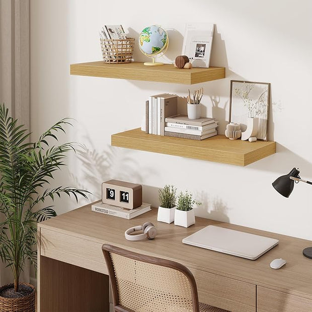 Fun Memories 12 Inch Deep Floating Shelves for Wall, 30 Inch Long Floating Shelf, 30 x 12 Shelf for Wall, Rustic Wood Bookshelves, Hanging Shelves for Bathroom Kitchen Bedroom, Oak, Set of 2