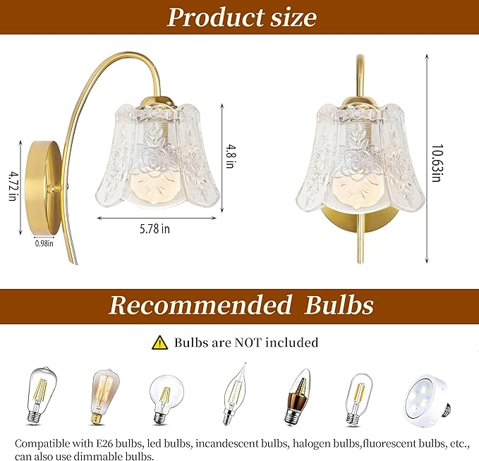 Vintage Battery Wall Sconce with Flower lampshade,Rechargeable Battery Powered Wall Lights,Wall lamp with 15 Colors for Bedroom Living Room Home Decor (Clear Rose, 2 Light Battery Operated)