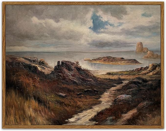 SHENIFY Landscape Framed Canvas Wall Art Vintage Classical Seaside Path Wilderness Prints Modern Hallway Bathroom Office Decor - 11x14in Natural Framed