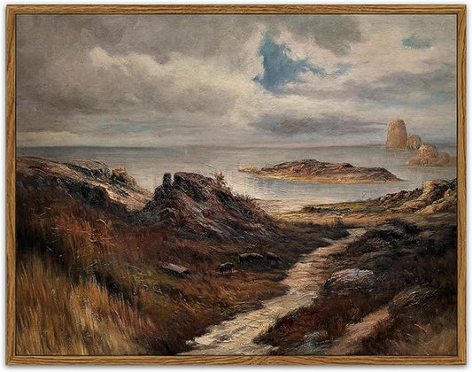 SHENIFY Landscape Framed Canvas Wall Art Vintage Classical Seaside Path Wilderness Prints Modern Hallway Bathroom Office Decor - 11x14in Natural Framed