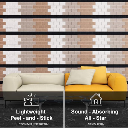 WoveN SounD Brick Acoustic Wall Panels Seamless Visual, High Density, Sound Proof Wall Decor, Noise Blocker Felt Wall Tiles for Home & Focus Zones (Black, Brown, Deep & Light Camel), 16x12x0.4 Inch