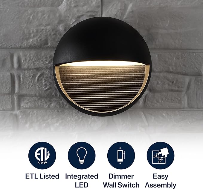 JONATHAN Y 6.25" Black Modern Round Outdoor Integrated LED Wall Sconce Light, Metal/Glass Waterproof Exterior Downlight for Porch, Patio, and Entryway, ETL Listed JYL7441A