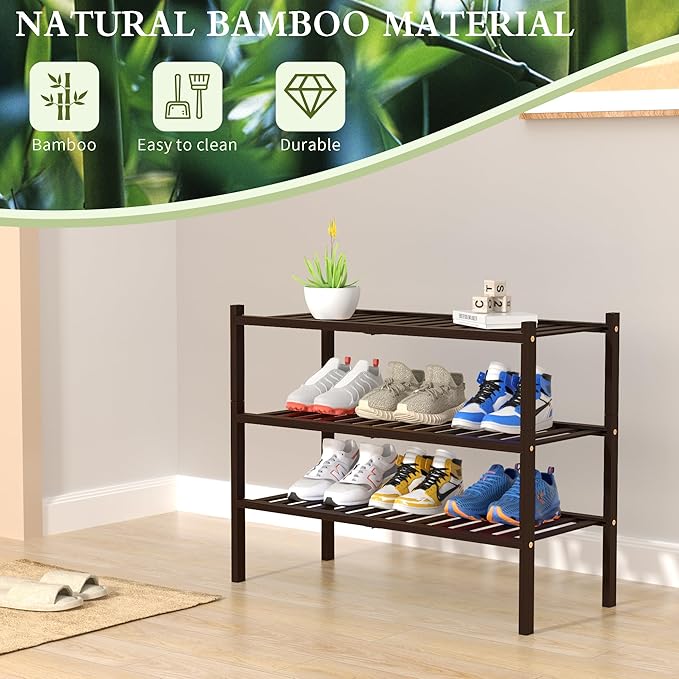 3 Tier Bamboo Shoe Rack for Closet Free Standing Wood Shoe Shelf for Entryway Small Space Stackable 27