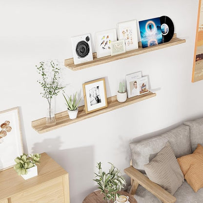 RICHFOCUS Floating Shelves for Wall, 48 inch Solid Wood Picture Ledge Shelf for Wall Storage, Nursery Book Shelves with Lip for Living Room Bathroom Bedroom Kitchen, Set of 2, Carbonized Black