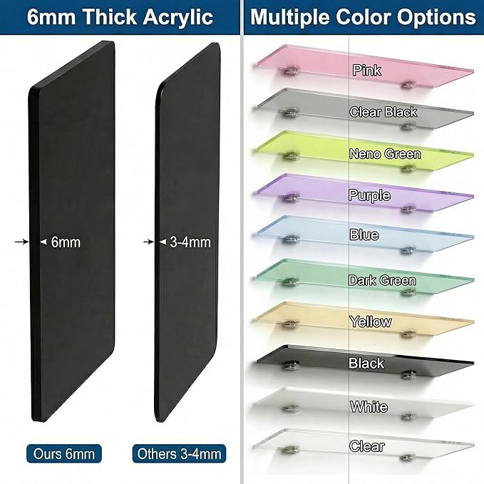 iobiotio Small Shelves, Mini Acrylic Floating Shelf, Display Ledge Plastic Wall Shelves for Figures Plants Accessory, 12 x 4 inch Floating Shelf, Black, 2 Pcs