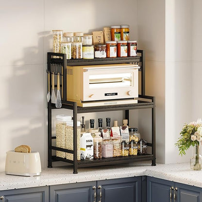 23.6"W Large Kitchen Countertop Organizer, 3 Tier Spice Rack Organizer with Adjustable Shelf and 10 Hooks, Wooden Counter Organizer, Countertop Shelf Microwave Stand for Kitchen, Coffee Bar, Black
