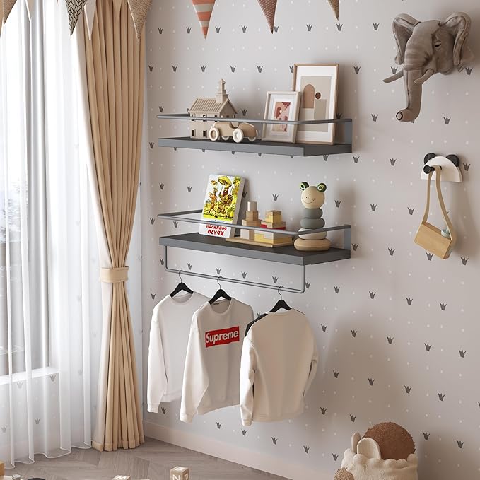 Onlysky Black Floating Shelves with Grey Towel Rack - Set of 2 Wall Mounted Hanging Bathroom Shelves, Decorative Shelves for Stylish Storage in Bathroom, Kitchen, Living Room & Bedroom