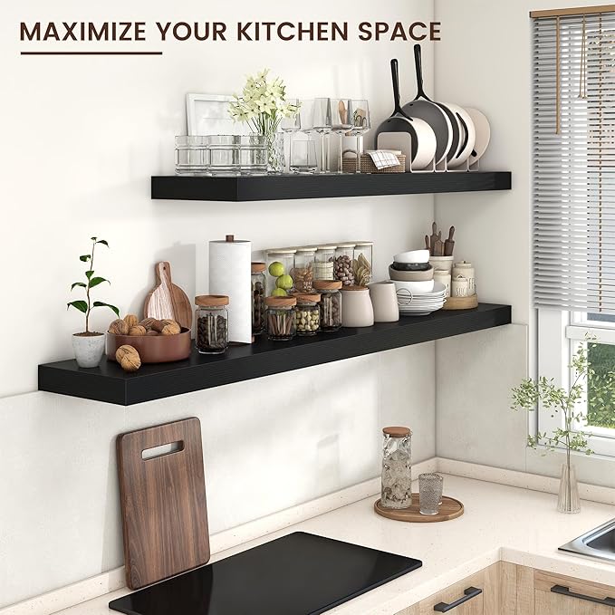 Floating Shelves for Wall, 55 Inch Wide x 12 Inch Deep Floating Shelves, Long Wood Floating Wall Shelf Shelves for Living Room Bathroom Bedroom Kitchen Home - (Black, 55" W x 12" D x 2" H)