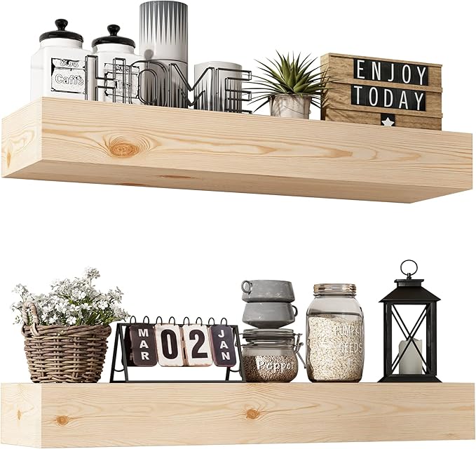 Wall Floating Shelves, Rustic Wood Shelf for Wall Mounted - Wooden Handmade Shelves for Bathroom Kitchen Livingroom - No Stain - DIY(Unfinished, 24 Inch - 2 Pack)
