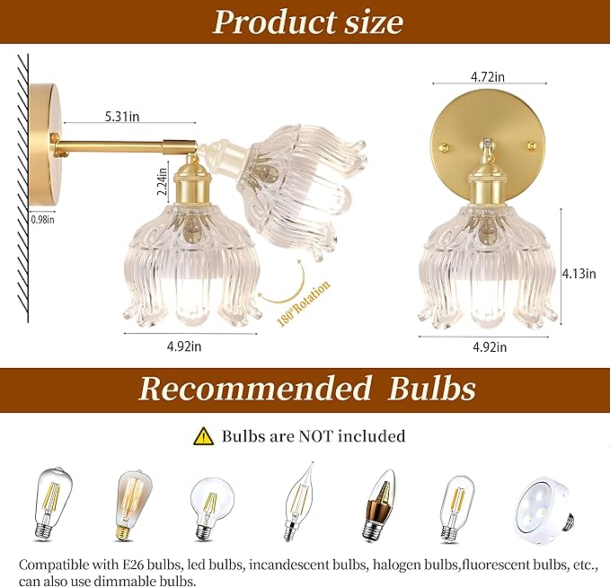 Vintage Battery Wall Sconce with Flower lampshade,Rechargeable Battery Powered Wall Lights,Wall lamp with 15 Colors for Bedroom Living Room Home Decor (Flower Clear, 2 Light Battery Operated)