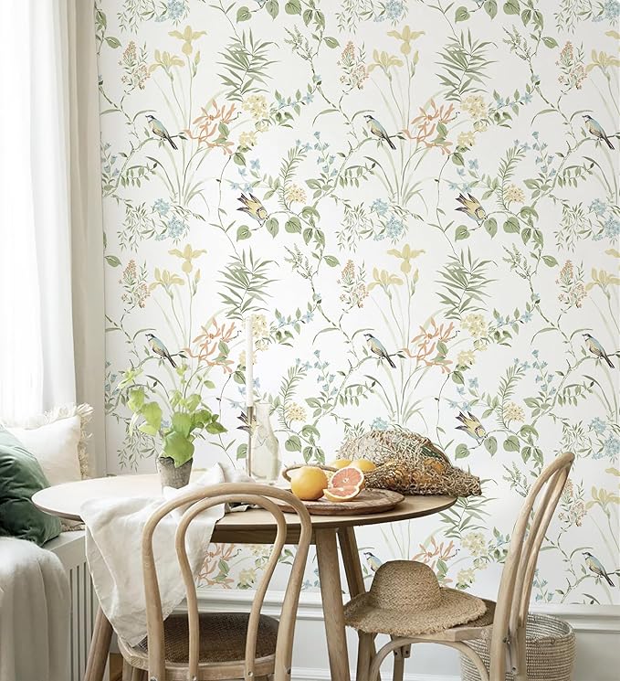 Erfoni 16.9" x118" Boho Floral Peel and Stick Wallpaper Green Floral and Birds Contact Paper DIY Self Adhesive Removable Wallpaper for Livingroom Cabinet Decor Modern Flower Leaf Wall Paper Vinyl Roll