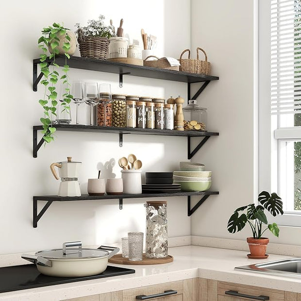 Axeman 40 Inch Floating Shelves | 8 Inch Deep Black Wall Shelves Set of 2 | 39.4" W x 8" D Rustic Black Wood Shelves for Bathroom Kitchen Living Room