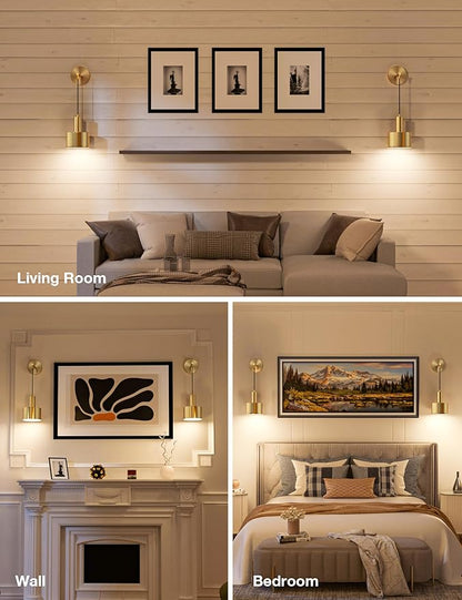 NIORSUN Battery Operated Wall Sconce Set of 2, Gold Wireless Rechargeable Wall Lights with 5200mAh Dimmable Detachable Bulbs and Remote, 9 Colors Sconces Wall Decor for Bedroom Living Room Hallway