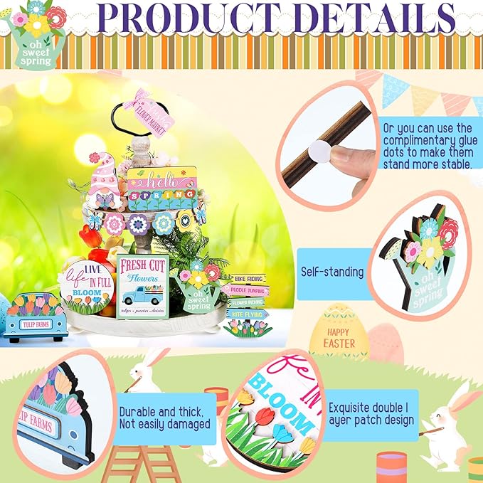 Amyhill 14 Pcs Spring Tiered Tray Decor Farmhouse Easter Decorations Hello Spring Wooden Signs Gnome Flower Butterfly Mini Table Decor for Home Kitchen Coffee Bar Shelf