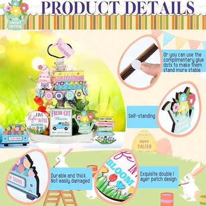 Amyhill 14 Pcs Spring Tiered Tray Decor Farmhouse Easter Decorations Hello Spring Wooden Signs Gnome Flower Butterfly Mini Table Decor for Home Kitchen Coffee Bar Shelf