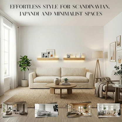 24" Natural Wood LED Floating Shelf, Heavy Duty Solid Pine Decorative Wall Mounted Shelf with Soft Ambient Lights, Minimalist Ledge for Living Room & Bedroom, Ideal for Scandinavian Home Decor