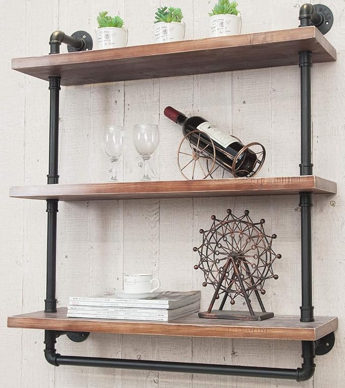 Industrial Wall Mounted Iron Floating Pipe Shelves/Shelving/Racks/Storage/Bookcases/Brackets, DIY Open Bookshelves/Shelving for Kitchen/Office, Retro Black (3-Tier Floating Shelves)