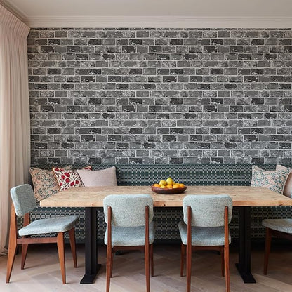 JiffDiff Brick Wallpaper Peel and Stick, Removable Vintage Self Adhesive Wallpaper Renter Friendly Textured Stick on Wallpaper Contact Paper （17.3" x 400" Black Brick）