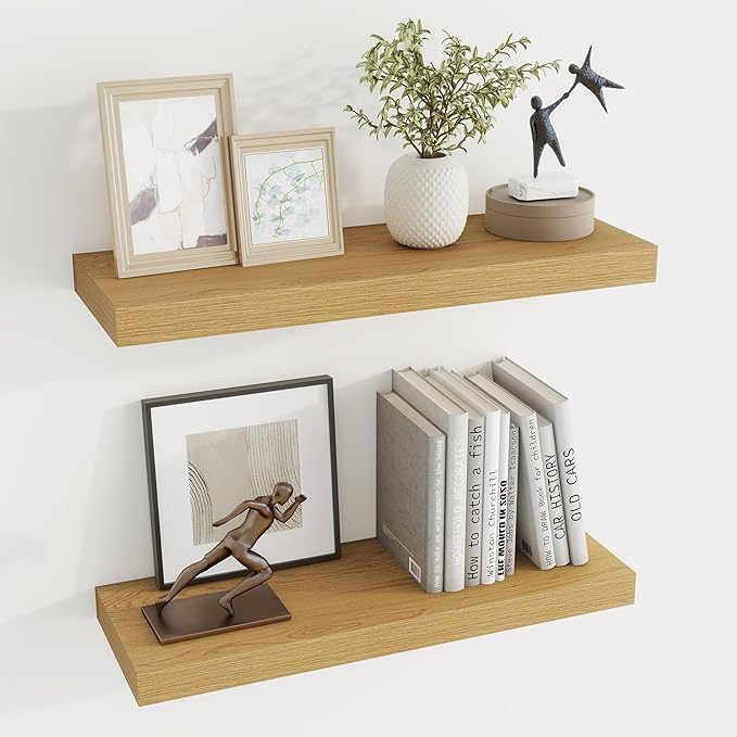 Dreamland 24 Inches Floating Shelves for Wall, 6.7 Inch Deep Floating Shelves Set of 2, Large Display & Storage Shelf, Wall Shelf for Bathroom Bedroom Living Room Kitchen Office,Oak