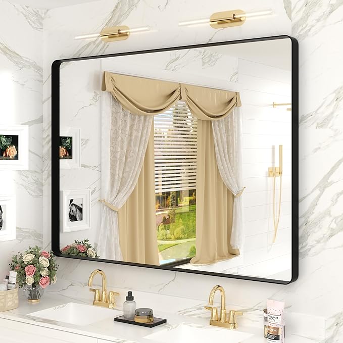 40x30 Black Bathroom Mirror, Matte Framed Bathroom Vanity Mirror for Wall, Modern Rectangle Mirror, Rounded Corners, Tempered Glass (Horizontally/Vertically)